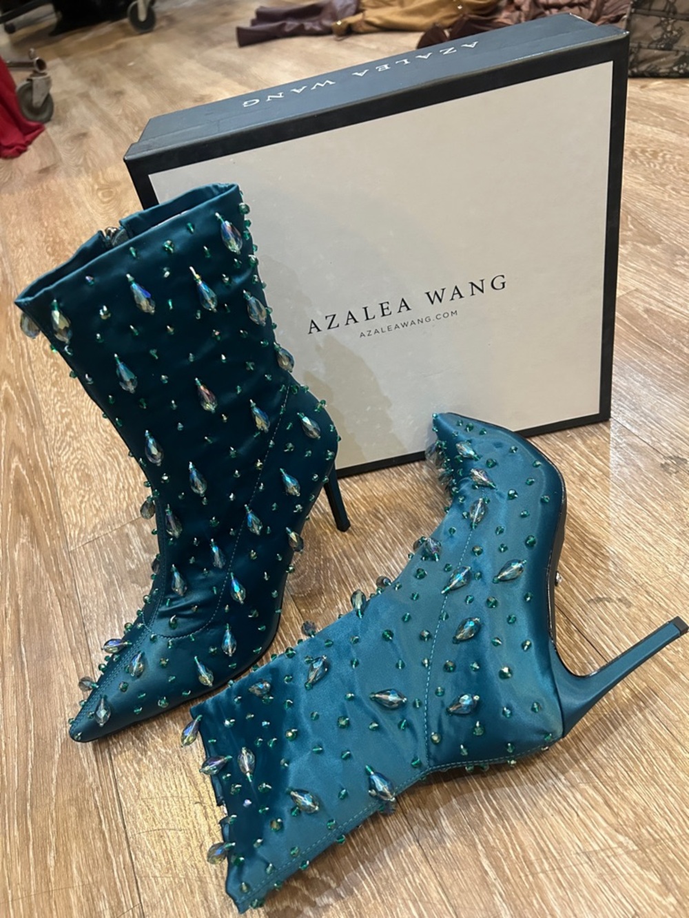Azalea Wang Teal Crystal-Embellished Stiletto Ankle Boots